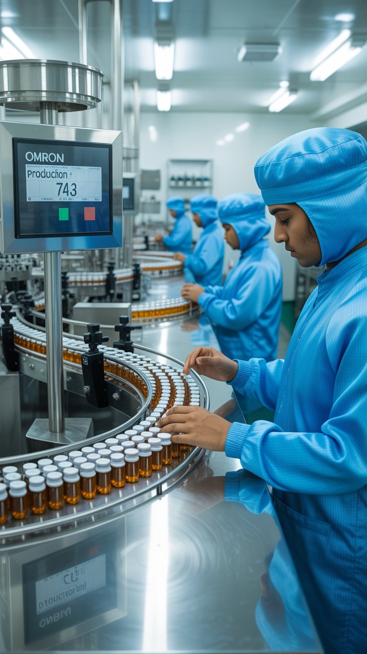Omron PLC and HMI used in Indian pharmaceutical automation lines for GMP compliance and process control