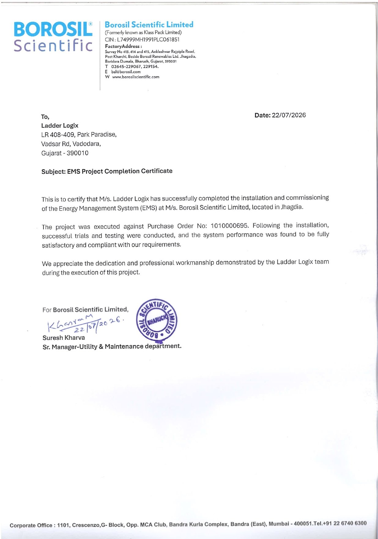 Borosil performance work Completion Certificate